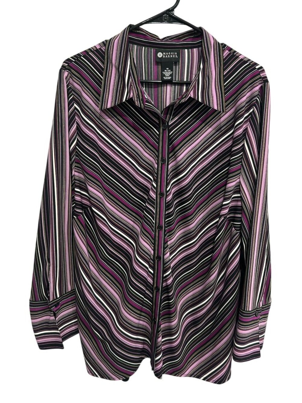Maggie Barnes 1X Black Pink Striped Button-Down Blouse Long Sleeve Casual Retro